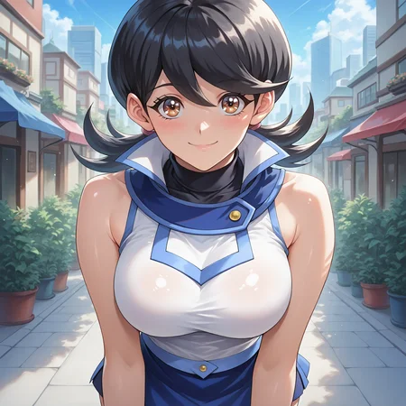 (masterpiece, best quality:1.4),highres,illustration,8k,Ultra_realistic,(looking at viewer, collarbone),(shiny_eyes,sparkling_eyes,smile:1.2),
Momoe Hamaguchi,duel academy uniform \(yu-gi-oh! gx\),black hair,sleeveless,bare arms,blue skirt,brown eyes,long hair,turtleneck,sleeveless shirt,bare shoulders,eyelashes,white jacket,twintails,miniskirt,medium hair,
large breasts,bouncing breasts,outdoors,<lora:aidmaImageUpgrader-v0.3-IL:0.6>,city,downtown,<lora:Momoe Hamaguchi(IL):0.75>,