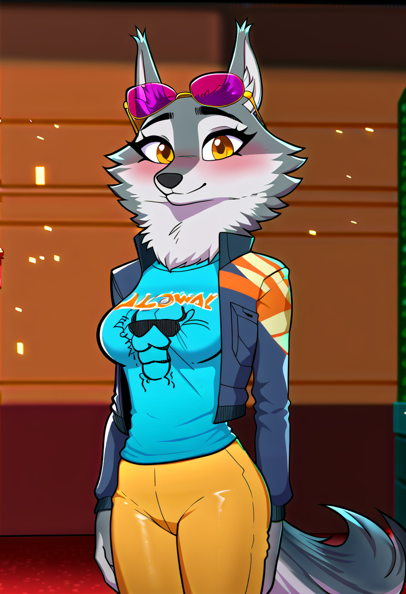 zPDXL, score_9,score_8_up,score_7_up,_up, best quality, amazing quality, masterpiece, 1girl, looking at viewer, solo, fullbody, cute, blush, tight cloth, blush, close, upper body, porsha, yellow eyes, white-blue fur, wolf girl, wolf ears, wolf tail, blue t-shirt, lion head print calloway t-shirt, jacket, yellow pants, sneakers, sunglasses, eyewear on head, purple eyewear, <lora:PorshaUPDATED:0.8> indoors, stage, party lights, contour_deepening, depth of field, huge filesize,large breasts, blurry background,  shadik, <lora:Shadik:1>, Expressiveh, good_hands, <lora:Expressive_H:0.8>, <lora:Detail_Slider_v1.4_iteration_3:4>, <lora:pony_good_hands:0.8>