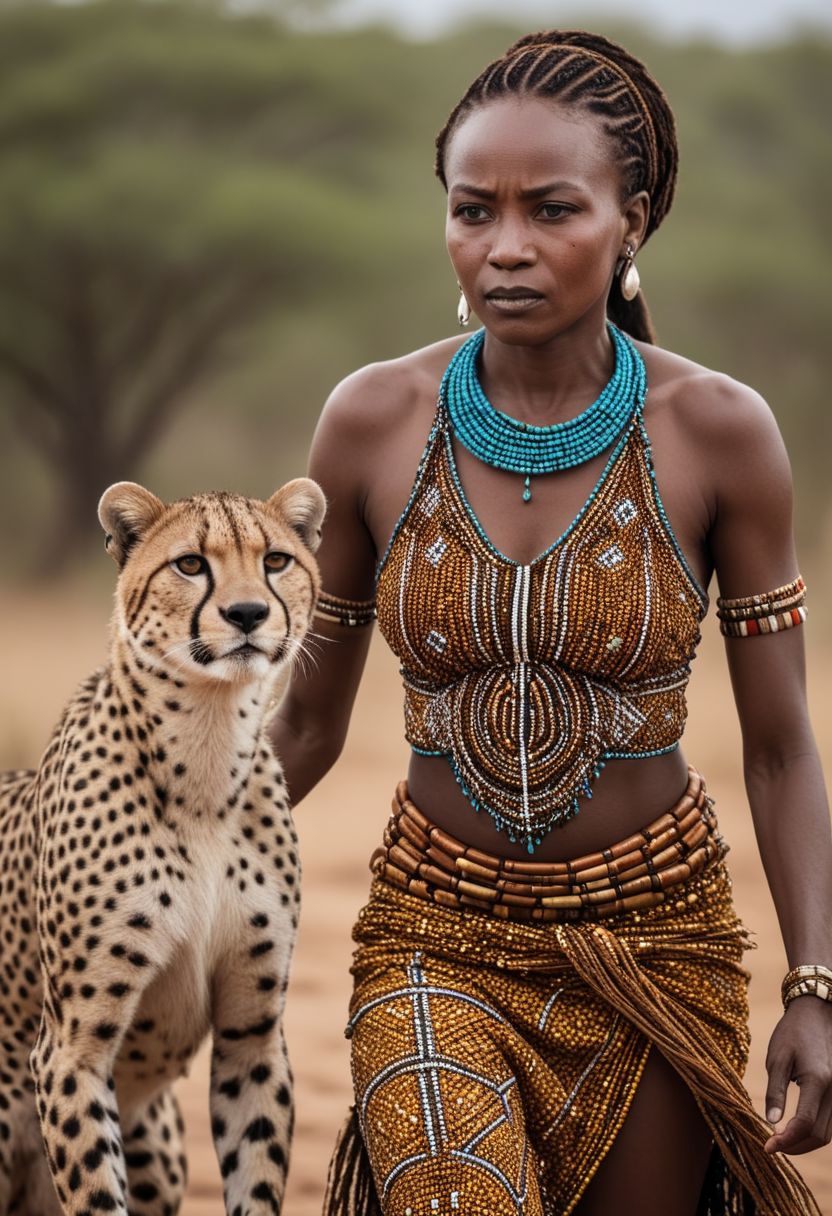 cinematic still, a (african) tribal woman sneaking on prey with her pet cheeta, beaded tribal garb, (highest quality: 1.39) (Highest coherency: 1.39) (highest detail: 1.39) (award winning photography) (masterclass), 
raw photo, high quality, film grain, Fujifilm XT3, Sony A7 IV,