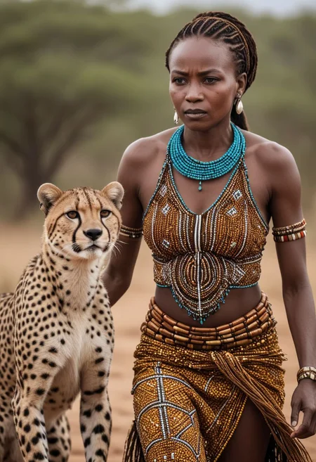 cinematic still, a (african) tribal woman sneaking on prey with her pet cheeta, beaded tribal garb, (highest quality: 1.39) (Highest coherency: 1.39) (highest detail: 1.39) (award winning photography) (masterclass), 
raw photo, high quality, film grain, Fujifilm XT3, Sony A7 IV,