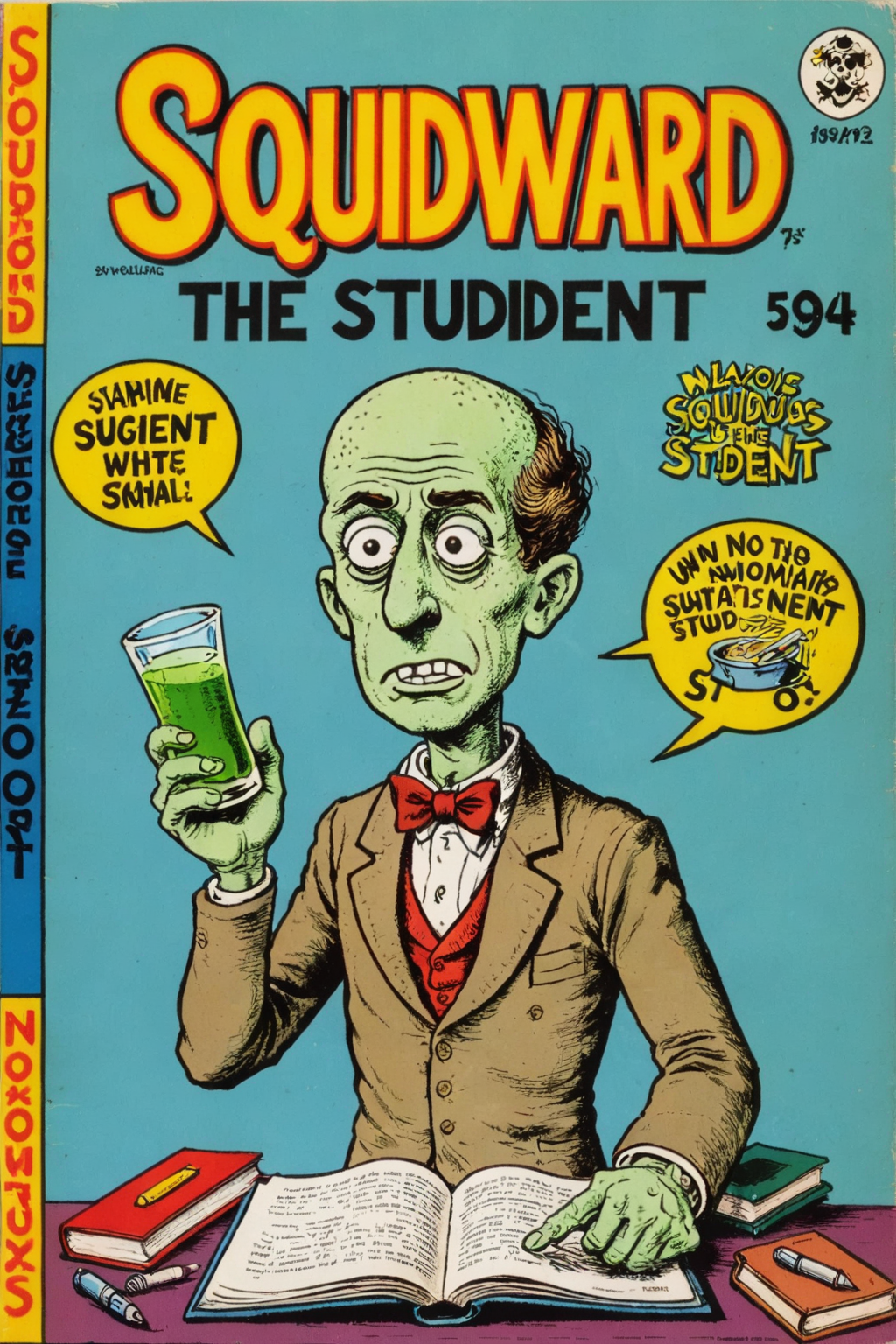 vintage comic book with the title text: "Squidward the noxious Student", with a breathtaking detailed illustration of noxious Student Squidward