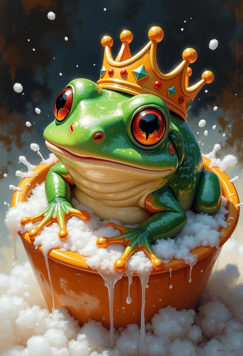 In a tub of steamily sudsy succor lounges diminutive amphibian sovereign garlanded regal circlet aflame amber lustre—a monarch of mirth, ruler of realms risotto. Tiny digits drum ruddy rhythms 'pon mountainous merengue caps insouciantly adorning verdant cranium. Brilliant button-eyes blinks blink blink, reflecting rainbow refractions prismatically prancing from pearlescent peak perched precarious, looming imminent collapse...
Ahhh, the exquisite essence of existence distilled, a moment of perfection immortalized in aqueous amber—that preternatural pause wherein joys untold commingle, coalesce in cellular consciousness, suffusing the soul with serenity seldom savored beyond boyhood borders.
ink art, thick painting, ink splash, ink painting,
surreal, concept-art, fantasy, beautiful, painterly, detailed, textural, artistic, aesthetic, intricate details, highly detailed, vivid, volumetric lighting,
aidmaMJ6.1, inksplat