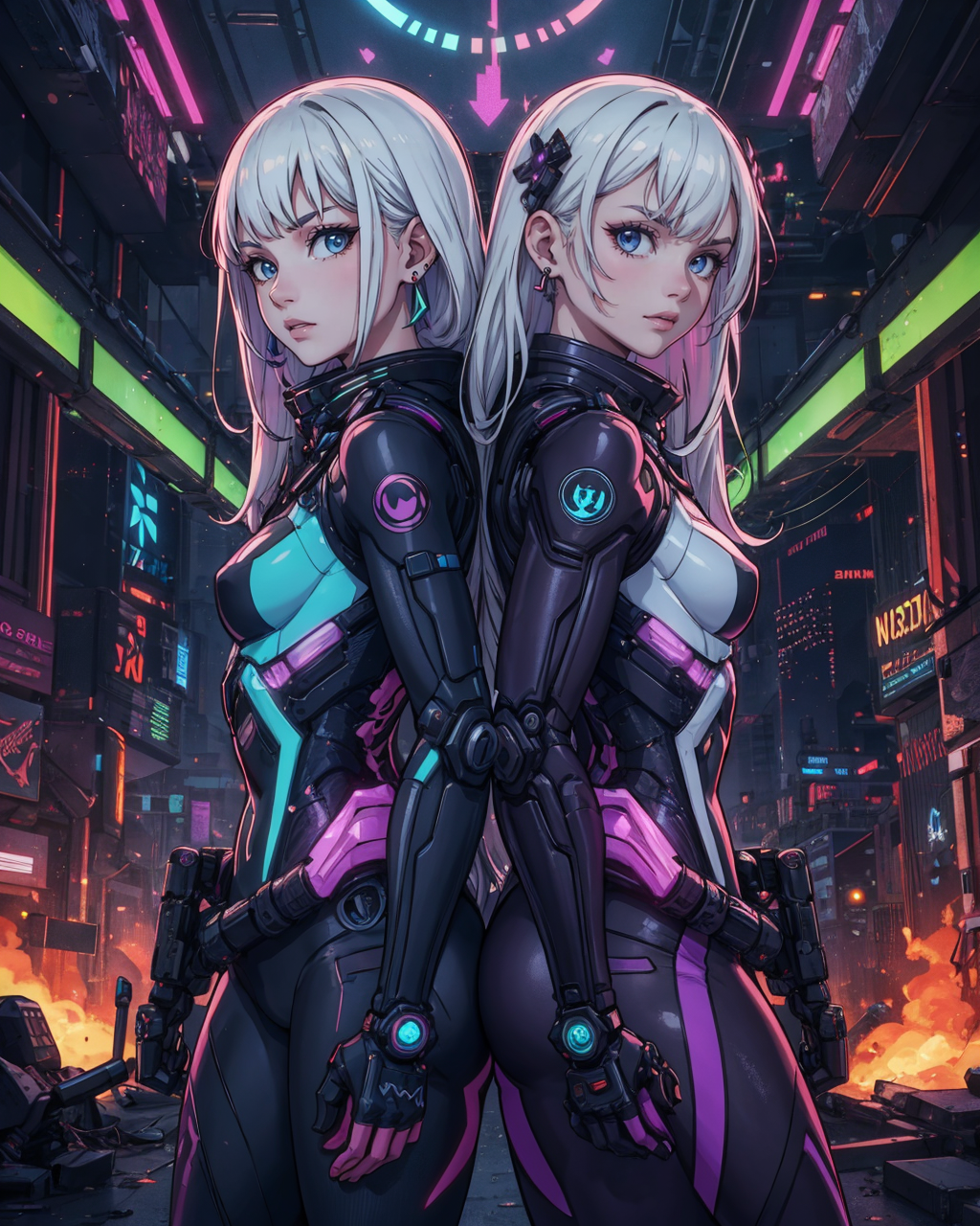 beautiful, linework, thick outlines, strong shadows, <lora:detail_slider_v4:1.0>,
movie poster of (2girls, twin girls:1.1), long white multicolored hair, back-to-back, posing, confident, closeup shot, looking at viewer, standing, cyberpunk assassin outfit, techwear, advanced technology, dark dystopia, mechanical parts, neon, earrings, amethyst jewels, northern lights in background,