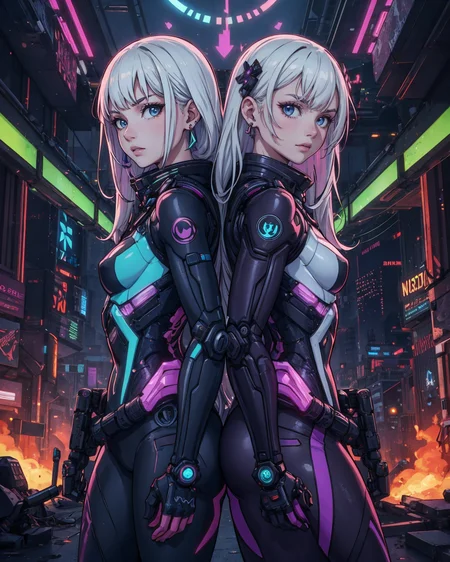 beautiful, linework, thick outlines, strong shadows, <lora:detail_slider_v4:1.0>,
movie poster of (2girls, twin girls:1.1), long white multicolored hair, back-to-back, posing, confident, closeup shot, looking at viewer, standing, cyberpunk assassin outfit, techwear, advanced technology, dark dystopia, mechanical parts, neon, earrings, amethyst jewels, northern lights in background,
