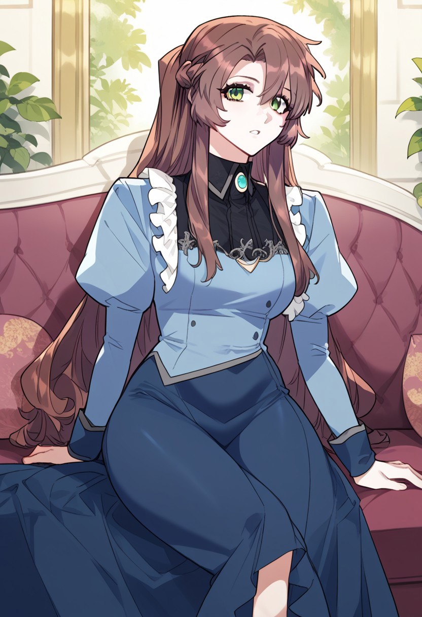 zPDXL3, score_9_up, score_8_up, score_7_up, (Anime_source), 1girl, ChloeBattenberg, green eyes, brown hair, long hair, Chloe outfit, long skirt, half updo, braid, cowboy shot, looking at viewer, parted lips, sitting on couch, crossed leg