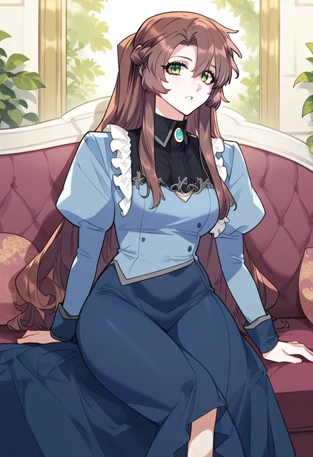 zPDXL3, score_9_up, score_8_up, score_7_up, (Anime_source), 1girl, ChloeBattenberg, green eyes, brown hair, long hair, Chloe outfit, long skirt, half updo, braid, cowboy shot, looking at viewer, parted lips, sitting on couch, crossed leg