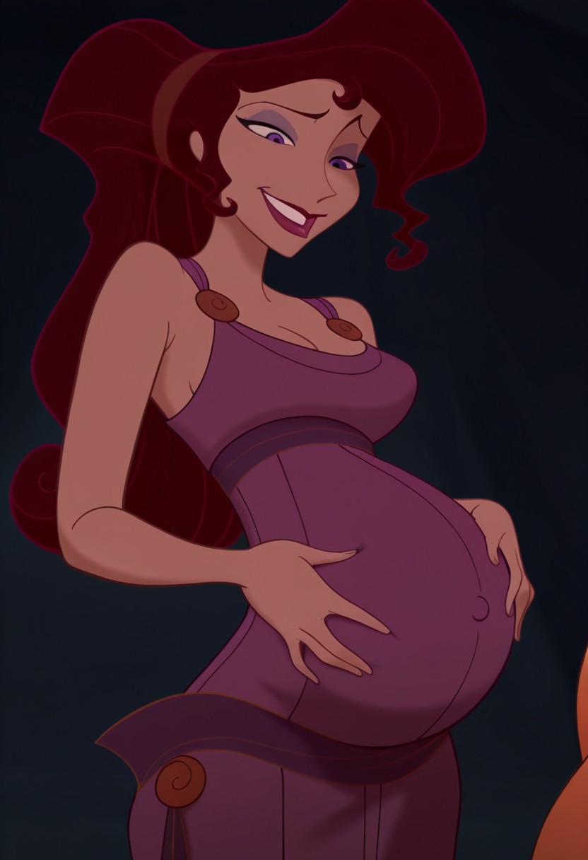 1girl, masterpiece, best quality, amazing quality, absurdres, <lora:Megara__Illustrious:1> m3g4r4, megara (hercules disney), long hair, tied hair, brown hair, purple eyes, purple Greek dress, cleavage, sexy makeup, lipstick, pregnant, smiling, looking down at her tummy, hands on tummy,