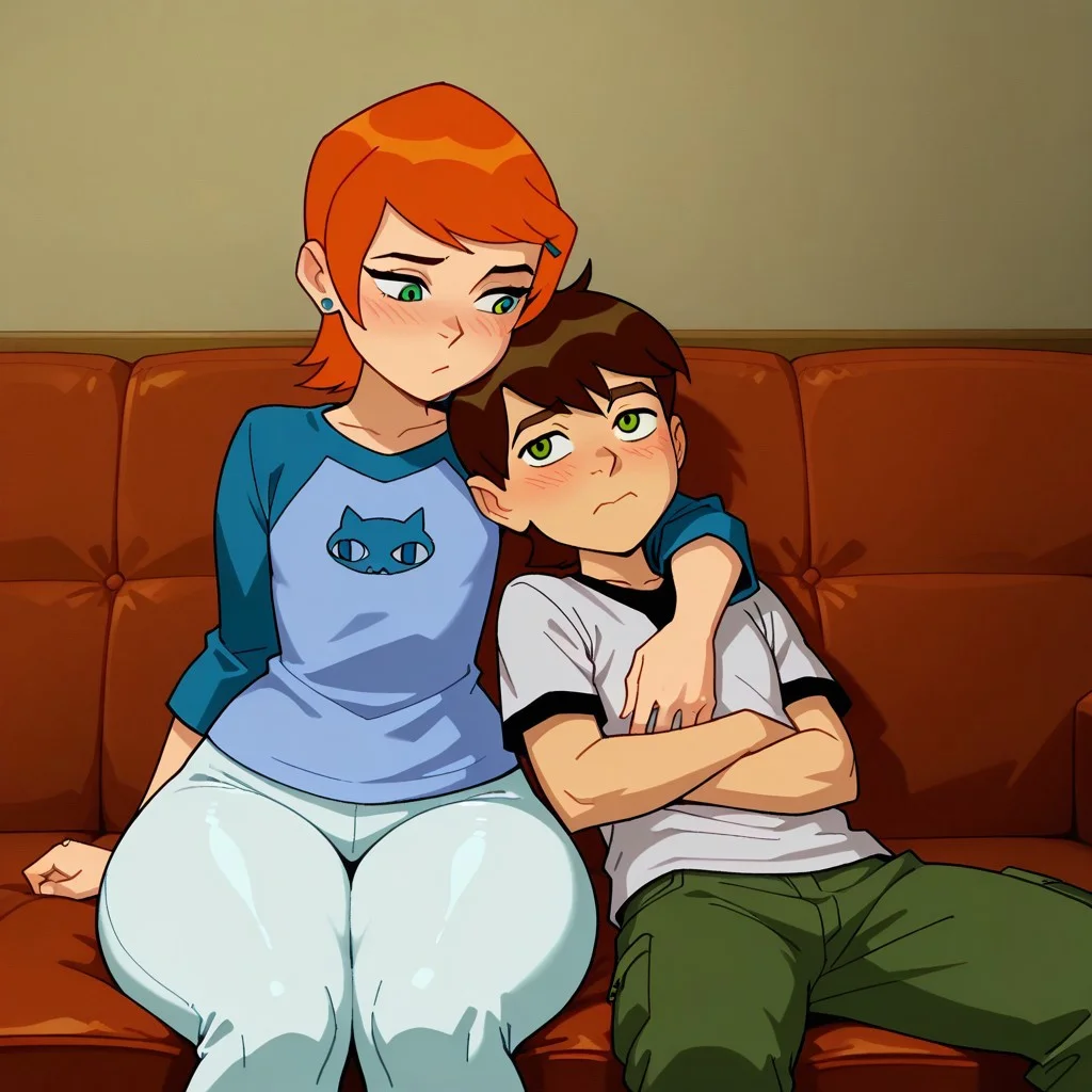 masterpiece, best quality, ben_w_gwen, (1boy, ben_t, brown hair, green eyes), break, (1girl, gwen_t, orange hair, green eyes, thick thighs, wide hips,), sitting, sofa, looking at another, cuddle, blush,
