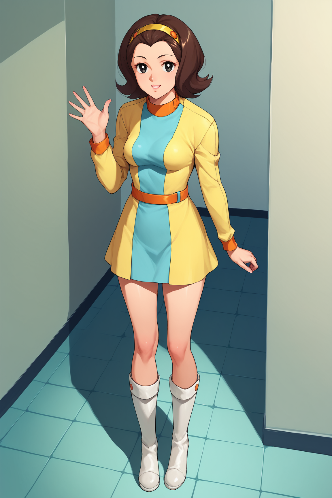 score_9, score_8_up, score_7_up, score_6_up, BREAK, MiwaUzukiKJXL, 1980s (style), black eyes, brown hair, short hair, yellow hairband, forehead, medium breasts, yellow dress, blue dress, two-tone dress, orange belt, short skirt, white boots, solo, full body, standing, waving, looking at viewer, indoors <lora:MiwaUzukiKJXL:1>