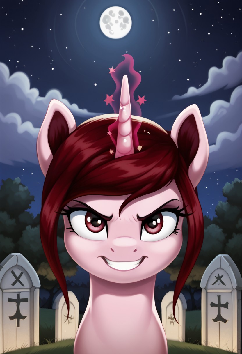 score_9, score_8_up, score_7_up, score_6_up, score_5_up, score_4_up, my little pony, solo, pony, feral pony, unicorn, Rosa Maledicta, pale pink skin, burgundy mane, cemetery, night, moon, stars, magic horn, glowing eyes, angry, grin, smile, look at you, beautiful, detailed, detailed fur, beautiful, vector, flat colors, (beautiful long eyelashes), ((close-up)), high angle