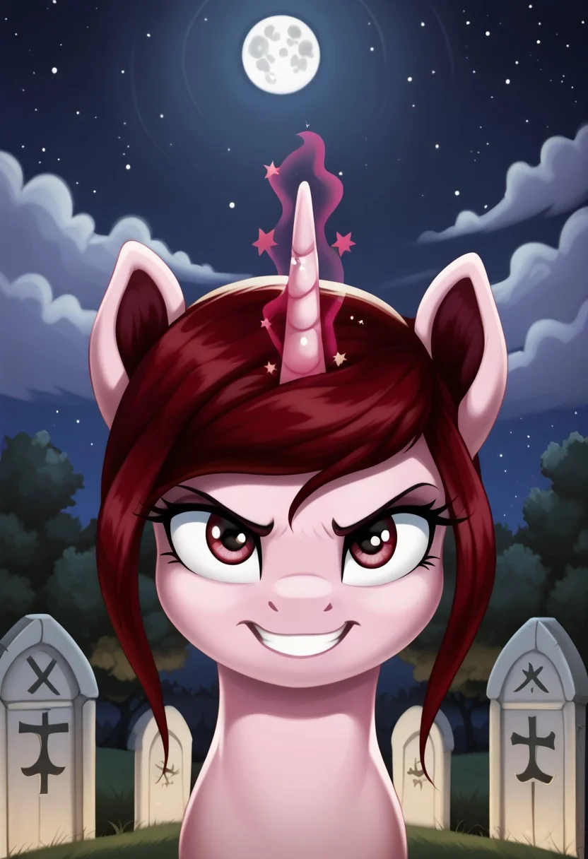 score_9, score_8_up, score_7_up, score_6_up, score_5_up, score_4_up, my little pony, solo, pony, feral pony, unicorn, Rosa Maledicta, pale pink skin, burgundy mane, cemetery, night, moon, stars, magic horn, glowing eyes, angry, grin, smile, look at you, beautiful, detailed, detailed fur, beautiful, vector, flat colors, (beautiful long eyelashes), ((close-up)), high angle