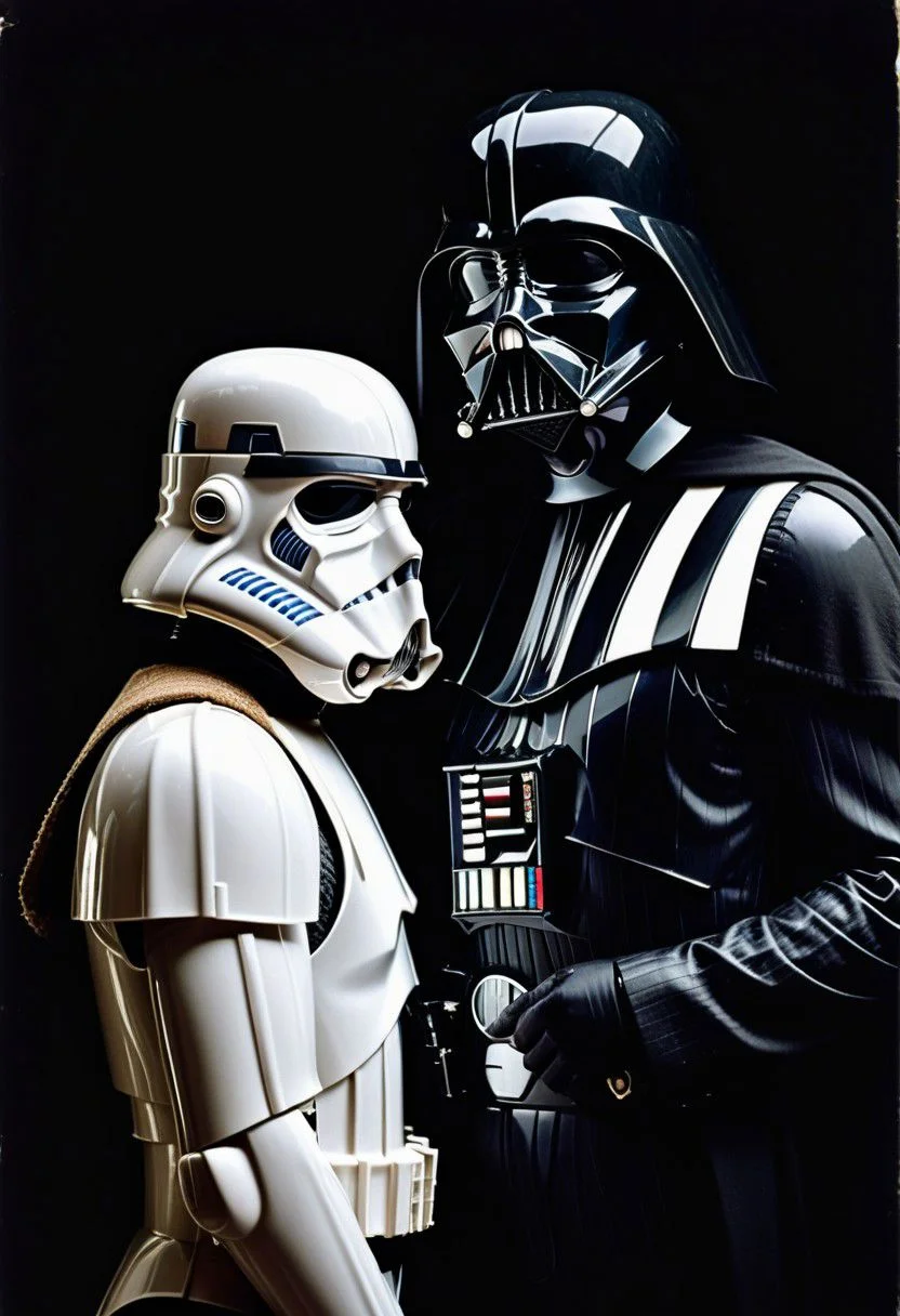 ASCIIA vintage photo by famous photographer Joyce Tennyson of (Darth Vader and a Stormtrooper) posing in a ((Olin mills style),( double exposure portrait) ) from the 1970?s 1980?s with Vignette , fade to black, , floating head, double exposure, awkward pose , awkward funny facial expression , funny smile, (looking away from camera , gazing off into the distance)) , a un- stylish 1970?s hair style, 1970?s style vintage outfit , (solid black background) ,4k, intricate details , insane details , studio Portrait Lighting ,