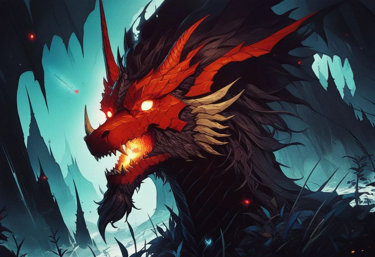 <lora:Kenva:1.0> score_9, knva, halftone effect,epic composition,stunning intricate details,glowing,dragons and horses,verdant mountains and rivers,heroes roam. masterpiece,best masterpiece,