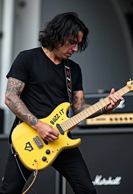 realistic style, guitar focus, below,
male, medium black hair, tattoos, black t-shirt, playing electric guitar, using pick, yellow guitar, black text on guitar "BUZZ IT", no pickguard, guitar cabinets, guitar amps,
stage, fest,