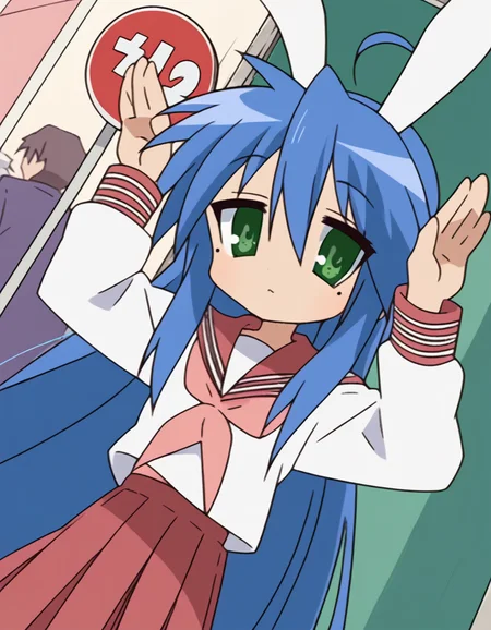 score_9, score_8_up, score_7_up, source_anime, <lora:konata-izumi-s1-ponyxl-lora-nochekaiser:1>, konata izumi, long hair, very long hair, green eyes, blue hair, ahoge, mole, mole under eye,, skirt, long sleeves, school uniform, pleated skirt, serafuku, sailor collar, neckerchief, red skirt, ryouou school uniform,, bus stop, waiting, commuter, smartphone, checking time, cold morning, , <lora:rabbit-pose-ponyxl-lora-nochekaiser:1>, rabbit pose, playboy bunny, rabbit ears, strapless leotard, fake animal ears, rabbit tail, leotard, detached collar, wrist cuffs, pantyhose,, looking at viewer, solo,, dutch angle, cowboy shot