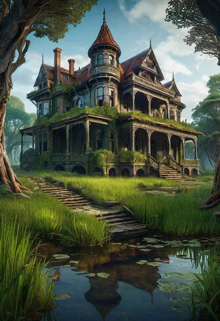 hd, 8k, masterpiece, award winning illustration of an abandoned mansion covered with grass in a swamp, dungeons and dragons style, fantasy, group of adventurers outside, intricate details, heroic fantasy, spooky, fandist,