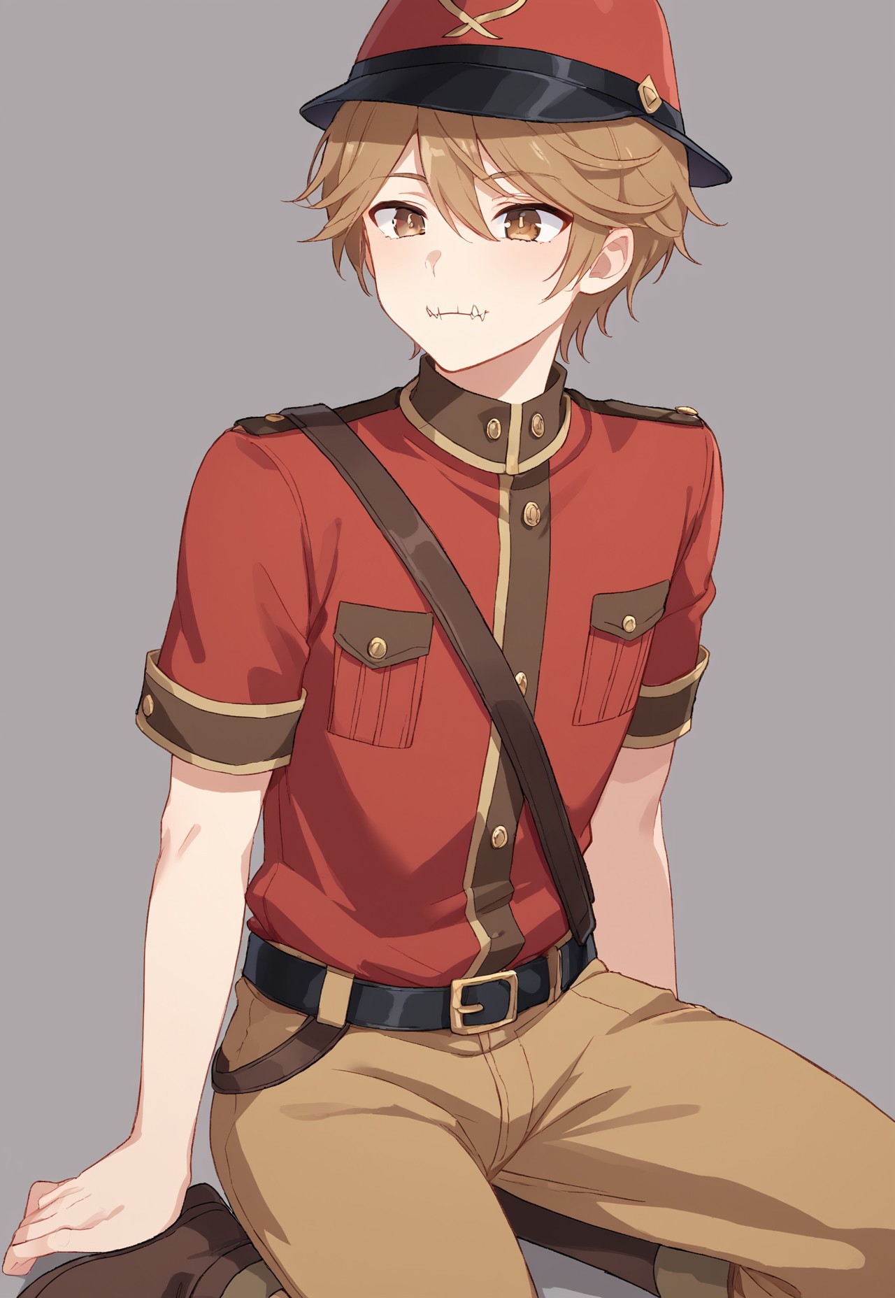 ((solo)), (male), Expressiveh, male focus, victor grantz, belt, black belt, brown eyes, brown hair, red headwear, hair between eyes, red jacket, short hair, short sleeves, stitched mouth, brown pants, brown boots, x-shaped pupils
