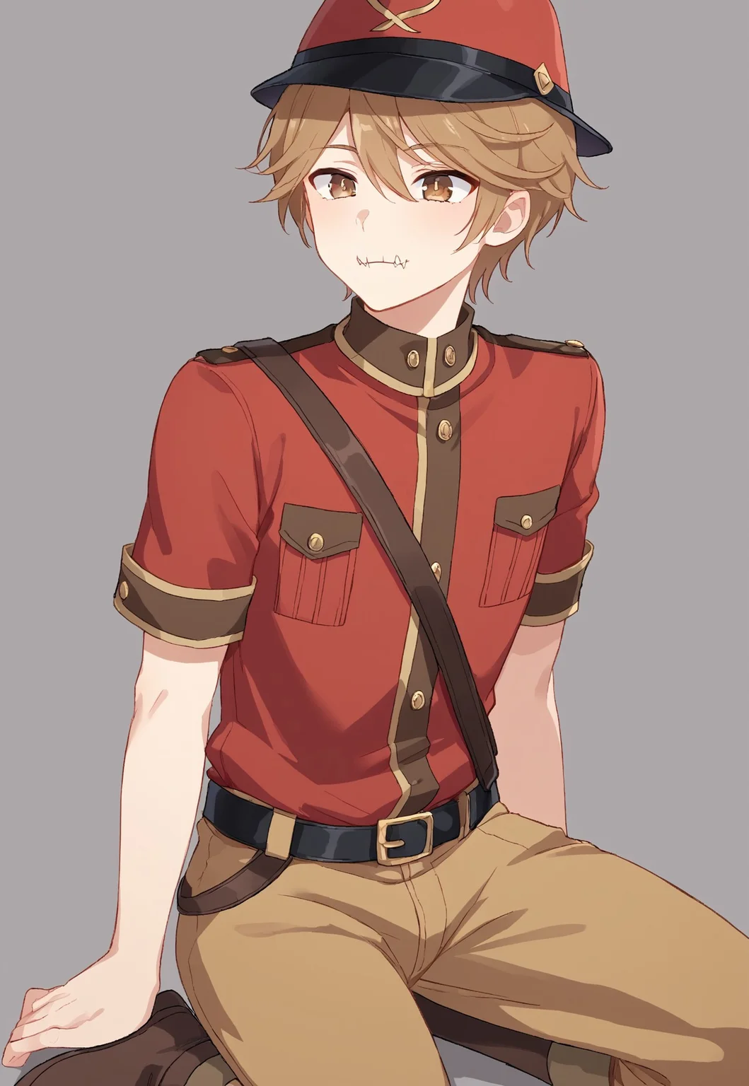 ((solo)), (male), Expressiveh, male focus, victor grantz, belt, black belt, brown eyes, brown hair, red headwear, hair between eyes, red jacket, short hair, short sleeves, stitched mouth, brown pants, brown boots, x-shaped pupils