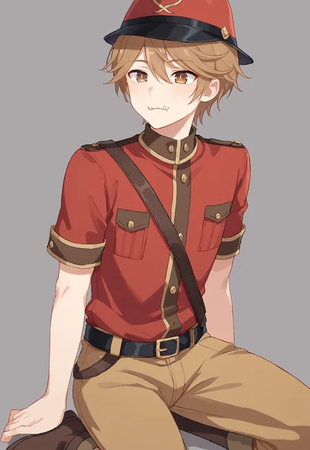 ((solo)), (male), Expressiveh, male focus, victor grantz, belt, black belt, brown eyes, brown hair, red headwear, hair between eyes, red jacket, short hair, short sleeves, stitched mouth, brown pants, brown boots, x-shaped pupils