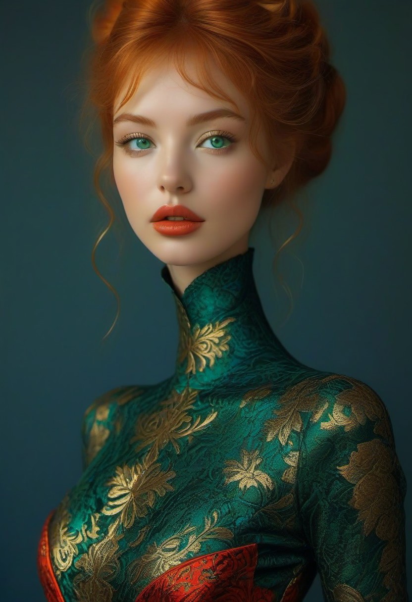bellissima, 30 years old female as goddess of fire (slender, athletic), skin tight Green-red intricate brocade gown with a deep cleavage, golden bangles, a lot of loose golden anklets, (extreme intricate high heels), looking at viewer, open mouth, blue eyes, ginger long bun hair, teeth, lips, long black eyelashes, realistic, small nose, vibrant colors, erotic dynamic pose, full body view, RAW Photo, fashion magazine shot,