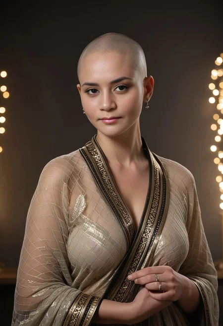 score_9_up, score_8_up, score_7_up, highres photo, of a beautiful sexy woman, 30_year_old_indian_woman, gorgeous,wear a "dohru," a woolen shawl-like garment wrapped around the body, often in darker shades with an embroidered border. A colorful shawl might also be draped over her shoulders. Her attire is well-suited to the region's cooler climate. Silver jewelry, especially during festive occasions, can be a significant part of her adornment. It is time for Mundan ritual, and she has shaved her head bald and smooth. While modern influences are present, traditional clothing holds cultural significance and is often worn with pride, real life photo, bokeh, Stable_Yogis_PDXL_Positives