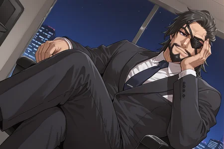 k0n0hanaya, masterpiece, best quality, newest, perfect quality, detailed background, intricate details, amazing quality, newest, highres, great lighting, ExpresHGothicNeonIncase,
1boy, mature male, male focus, solo, detailed body, detailed face, (detailed eyes:1.2),
XiahouDun, black hair,half swept back hair , black eyes, full beard with goatee, mature muscle male, eyepatch on left eye, (looking at viewer:1.4), business suit
sitting in office chair, hand supporting face, seductive smile, leg crossing,
dutch angle, from below, model office background, (night time)