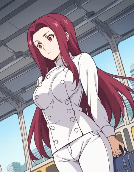 score_9, score_8_up, score_7_up, source_anime, <lora:ryouko-sakaki-s1-ponyxl-lora-nochekaiser:1>, ryouko sakaki, long hair, red eyes, red hair, forehead, large breasts,, chef, pants, white pants,, train station, waiting for train, suitcase, traveling, commute, city skyline, hands behind back,, , , hand holding a pencil, solo,, cowboy shot, dutch angle