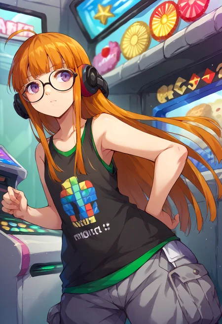 <lora:Marugoshi-Style-PonyXL:1> by marugoshi, <lora:zs_FutabaXL:1> futabasummer, orange hair, long hair, blunt bangs, glasses, ahoge, purple eyes, behind-the-head headphones, black tank top, grey cargo pants, arcade, video game, ::q,, score_9, score_8_up, score_7_up, source_anime,