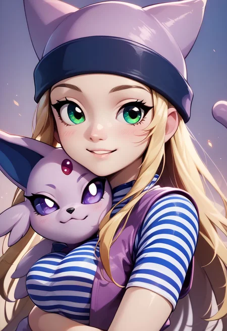 score_9, score_8_up, score_8, medium breasts, (curvy), cute, eyelashes, rating_safe,
BREAK,
zzIzumi, perfect, green eyes, blonde hair, long hair, purple vest, striped shirt, hat,
BREAK,
girl holding Espeon, hug,
furry, female, Espeon, human and feral, girl and Espeon,
zPDXL,