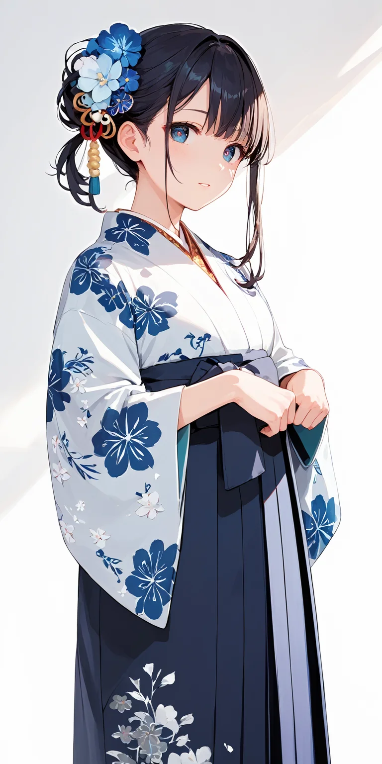score_9, score_8_up, score_7_up,source_anime, high res image,masterpiece,best quality,girl,cute face,clear skin,shiny hair,ultra detailed eyes,simple background, <lora:furisode hakama_pony_V1.0:0.6> furisode, hakama, floral print, hair ornament