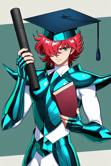 masterpiece,best quality,amazing quality, SSALBE, 1boy, male focus, wavy hair, short hair, pink-red hair, hair over one eye, green eyes, megrez armor, teal pauldrons, teal breastplate, belt buckle, white bodysuit, teal fingerless gauntlets, mortarboard, holding diploma, upper body, plain background