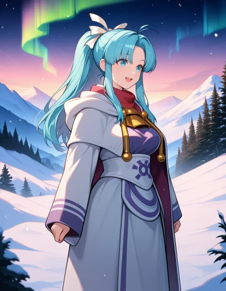 <lora:1_illu_mia_32e:1> m14, 1girl, solo, blue eyes, blue hair, ahoge, ponytail, hair bow, robes,, standing, smile, open mouth, aurora, snow, mountains, trees, (masterpiece, best quality, amazing quality)