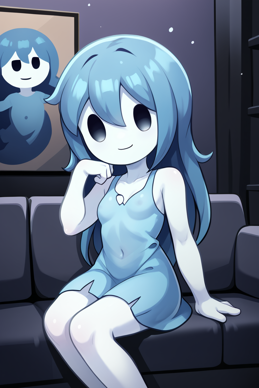 score_9, score_8_up, nsfw, score_7_up, <lora:Spooky:0.9>  spooky (sjm), ghost girl, solid oval eyes, smile, transparent, colored skin, long blue hair, small breasts, blue dress, solo, sitting on wall,, room, couch, fim,