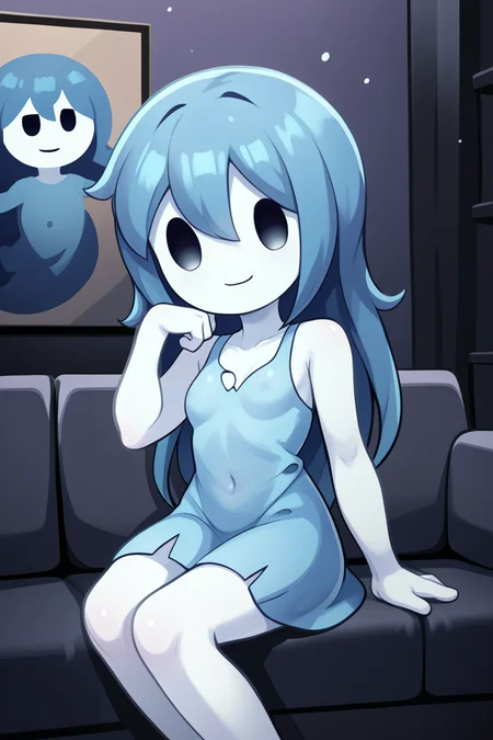score_9, score_8_up, nsfw, score_7_up, <lora:Spooky:0.9> spooky (sjm), ghost girl, solid oval eyes, smile, transparent, colored skin, long blue hair, small breasts, blue dress, solo, sitting on wall,, room, couch, fim,