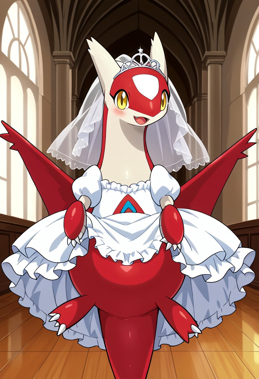 uploaded on e621, source_furry, moe, cute, score_10, score_9_up, score_8_up, score_7_up, score_6_up,anime screencap,
background:church,indoors,front view, solo,nintendo,pokemon,pokemon_(species), (dragon,scalie,mythological scalie, feral,feral dragon),original, no humans,
female,latias,feralatias,yellow eyes, feral,3_fingers,claws,cute fangs,feral hands,looking_at_viewer,full body,flying, short legs,blush,red wings, 
open_mouth,happy,smile, 
((clothed,clothed_feral,clothing,frilly dress,white clothing,)),bride,wedding dress, bridal veil,