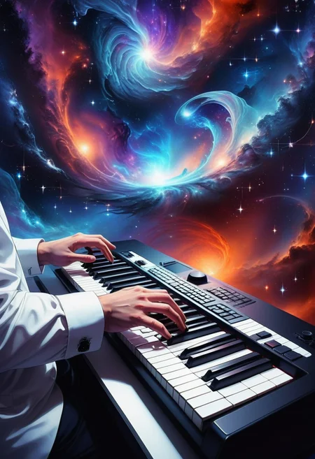 anime, A close-up of a pair of hands playing a keyboard, with fingers spread dynamically over the black and white keys, capturing the moment of musical performance. The hands are dressed in formal attire: a crisp white long-sleeved shirt with buttoned cuffs, and dark suspenders visible. The keyboard is modern, featuring a sleek red frame with subtle control panels and knobs visible on the left side. The background is transformed into a dark cosmic expanse, filled with swirling galaxies, shimmering stars, and nebulae in hues of deep purple, blue, and hints of glowing orange. The cosmic backdrop contrasts with the focused lighting on the hands and keyboard, creating a surreal and dramatic atmosphere. The scene blends the passion of music with the vast, infinite beauty of the universe.