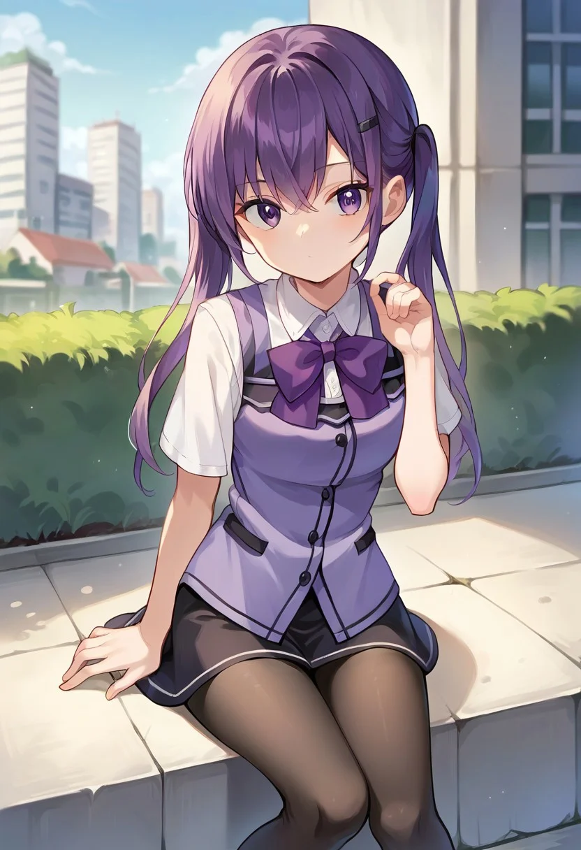 score_9, score_8_up, score_7_up, source_anime, masterpiece, tedezac, collared shirt, dress shirt, skirt, purple bowtie, purple vest, black pantyhose, jitome, looking at viewer, outdoors, city, depth of field, sitting, hand up,