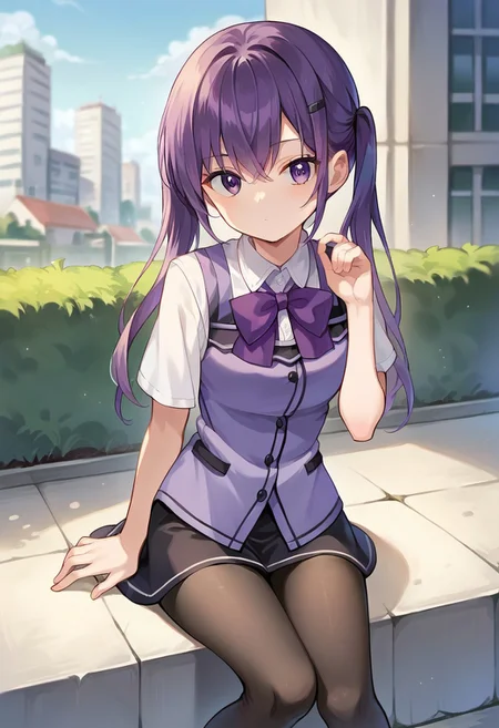 score_9, score_8_up, score_7_up, source_anime, masterpiece, tedezac, collared shirt, dress shirt, skirt, purple bowtie, purple vest, black pantyhose, jitome, looking at viewer, outdoors, city, depth of field, sitting, hand up,