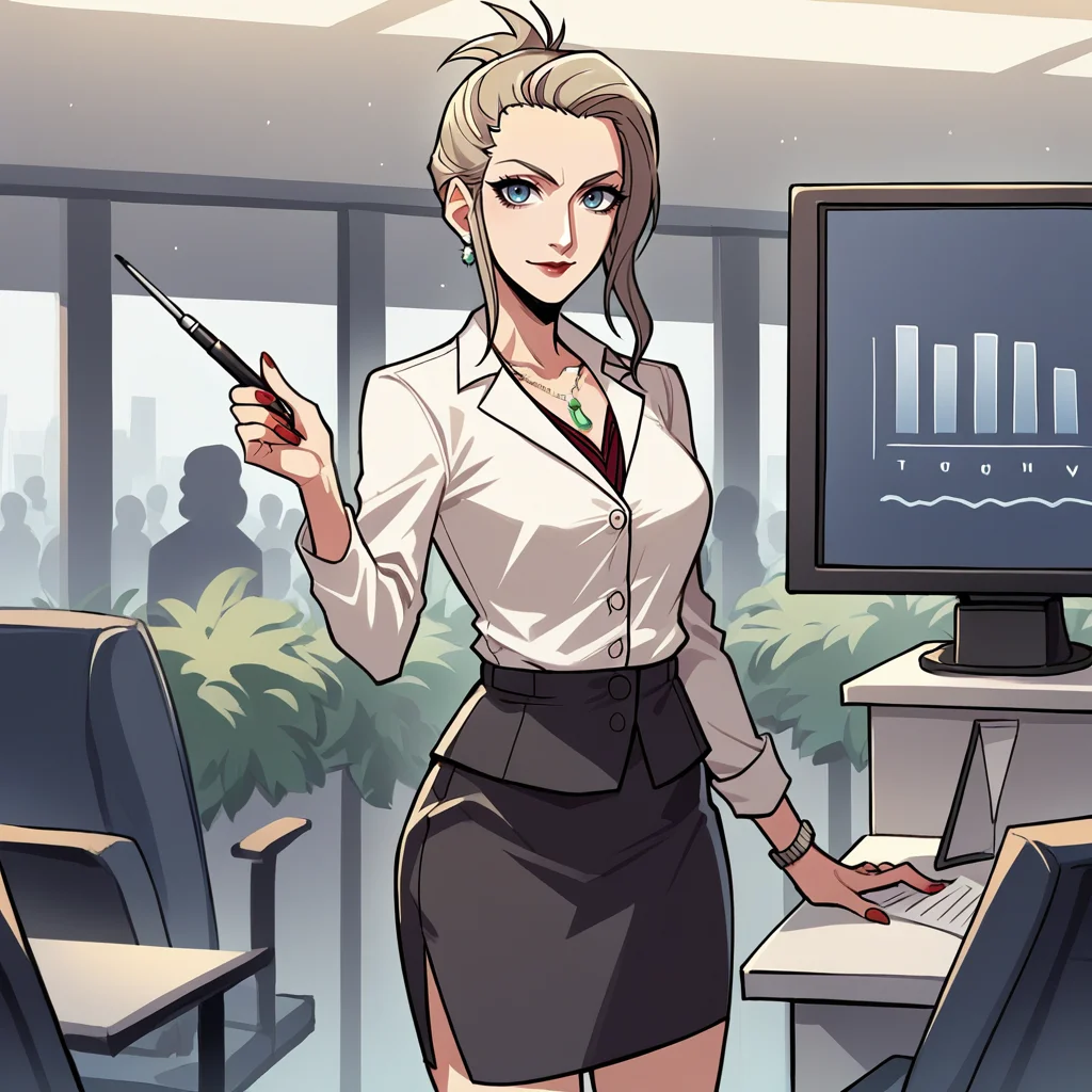 score_9, score_8_up, score_7_up, score_6_up, score_5_up, score_4_up, zPDXL2,source_anime,rating_questionable, 1girl, solo, standing, looking at viewer, office interior, office lady, white button shirt, black pencil skirt, scarlet_(ffvii), final_fantasy <lora:Presentation:0.7> pr3s3nt4tion, office wear, holding pointer, projector screen,giving presentation, looking at viewer, interior, crowd