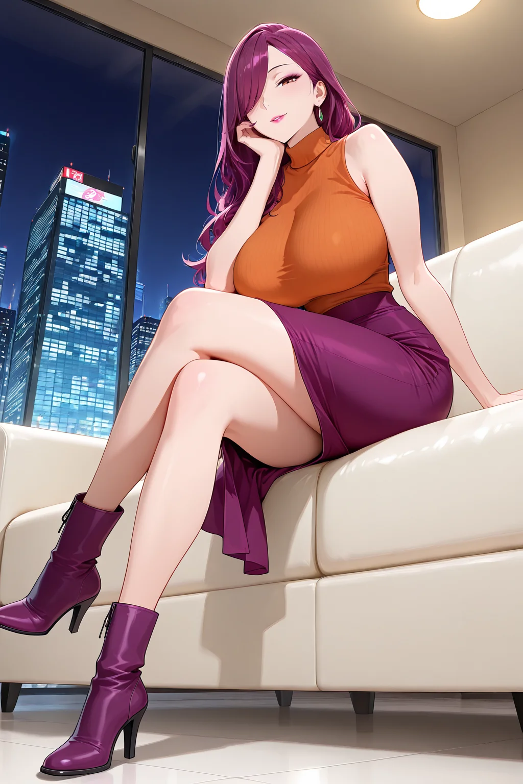 from below,from side,
1girl,mature female,milf,sitting,sitting on couch,crossed legs,full body,inside,city,looking at viewer,head rest,seductive smile,expected eyes,from front,huge breasts,narrow waist,wide hips,thighs,long legs,slim legs,high heels,
Best quality,masterpiece,soft light,official art,masterpiece,high quality,highres,absurdres,epic scene,natural textures,highest quality,8K,Ultra-HD,ultra detail,epic scene,natural textures,<lora:Xiaomei Ma IL V2:1>,xiaomei ma,long hair,purple hair,hair over one eye,makeup,lipstick,turtleneck,orange sweater,sleeveless,purple skirt,boots,purple boots,