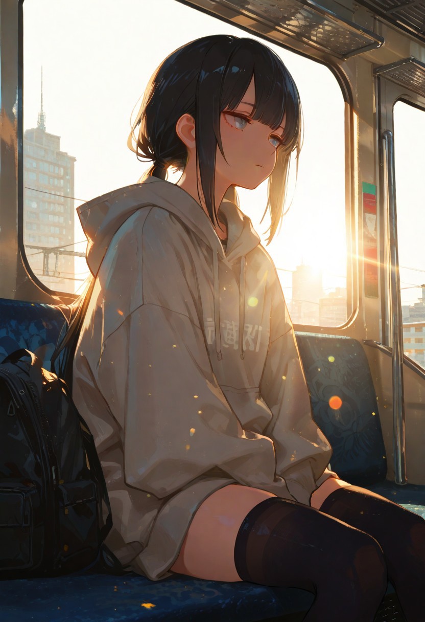 稲葉曇, masterpiece, best quality, amazing quality, very aesthetic, absurdres, newest, cinematic lighting, backlit, backlighting, soft colors, 1girl, osage \(nukunuku nigirimeshi\), solo, black hair, (low twintails, very long hair), blunt bangs, sidelocks, jitome, grey eyes, plain grey hoodie, [nude hoodie], hood down, black thighhighs, expressionless, [sitting], looking to the side, (((straight on))), front view, (leaning against glass), black backpack removed, sunbeam, sunlight, lens flare, train interior, cityscape,