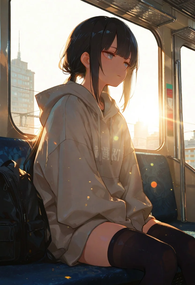 稲葉曇, masterpiece, best quality, amazing quality, very aesthetic, absurdres, newest, cinematic lighting, backlit, backlighting, soft colors, 1girl, osage \(nukunuku nigirimeshi\), solo, black hair, (low twintails, very long hair), blunt bangs, sidelocks, jitome, grey eyes, plain grey hoodie, [nude hoodie], hood down, black thighhighs, expressionless, [sitting], looking to the side, (((straight on))), front view, (leaning against glass), black backpack removed, sunbeam, sunlight, lens flare, train interior, cityscape,