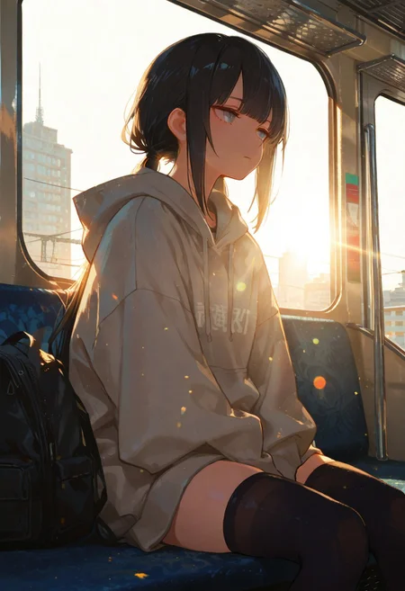 稲葉曇, masterpiece, best quality, amazing quality, very aesthetic, absurdres, newest, cinematic lighting, backlit, backlighting, soft colors, 1girl, osage \(nukunuku nigirimeshi\), solo, black hair, (low twintails, very long hair), blunt bangs, sidelocks, jitome, grey eyes, plain grey hoodie, [nude hoodie], hood down, black thighhighs, expressionless, [sitting], looking to the side, (((straight on))), front view, (leaning against glass), black backpack removed, sunbeam, sunlight, lens flare, train interior, cityscape,