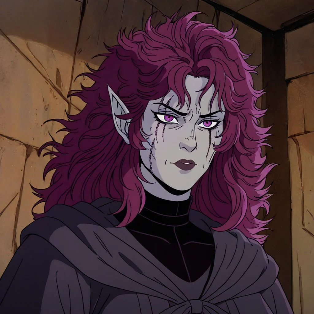 masterpiece, best quality, newest, absurdres, highres,
X-1990STV1.0,
1girl, goth, gothic, goth fashion, victorian, elf, coreset, messy hair, scar, scars, scar on face, robe, medival, medival clothing, mature, mature female,
Purple hair, Purple eyes, grey skin, colored skin, grey colored skin,