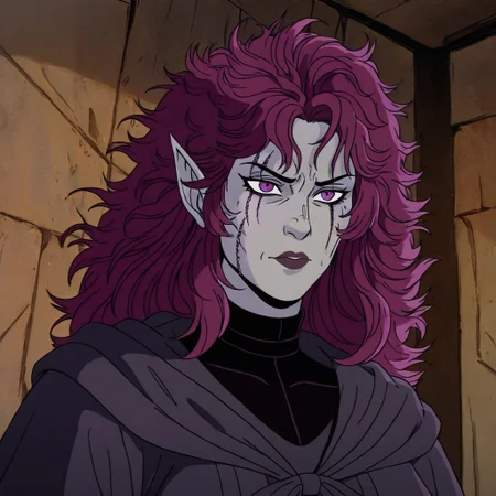 masterpiece, best quality, newest, absurdres, highres,
X-1990STV1.0,
1girl, goth, gothic, goth fashion, victorian, elf, coreset, messy hair, scar, scars, scar on face, robe, medival, medival clothing, mature, mature female,
Purple hair, Purple eyes, grey skin, colored skin, grey colored skin,