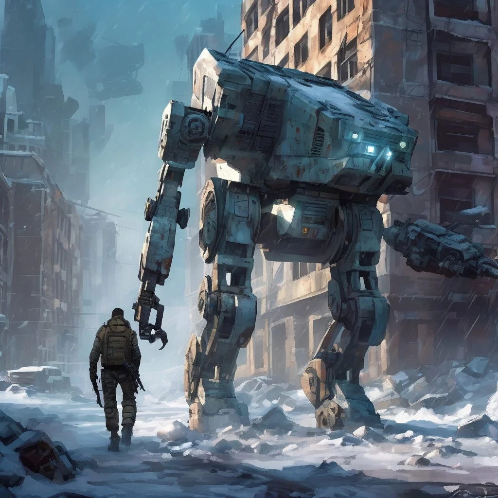 a walker in a frozen urban are, Megacity block, ruined apartment buildings,, sentnlsw, mecha, military, military vehicle, soldiers, infantry,