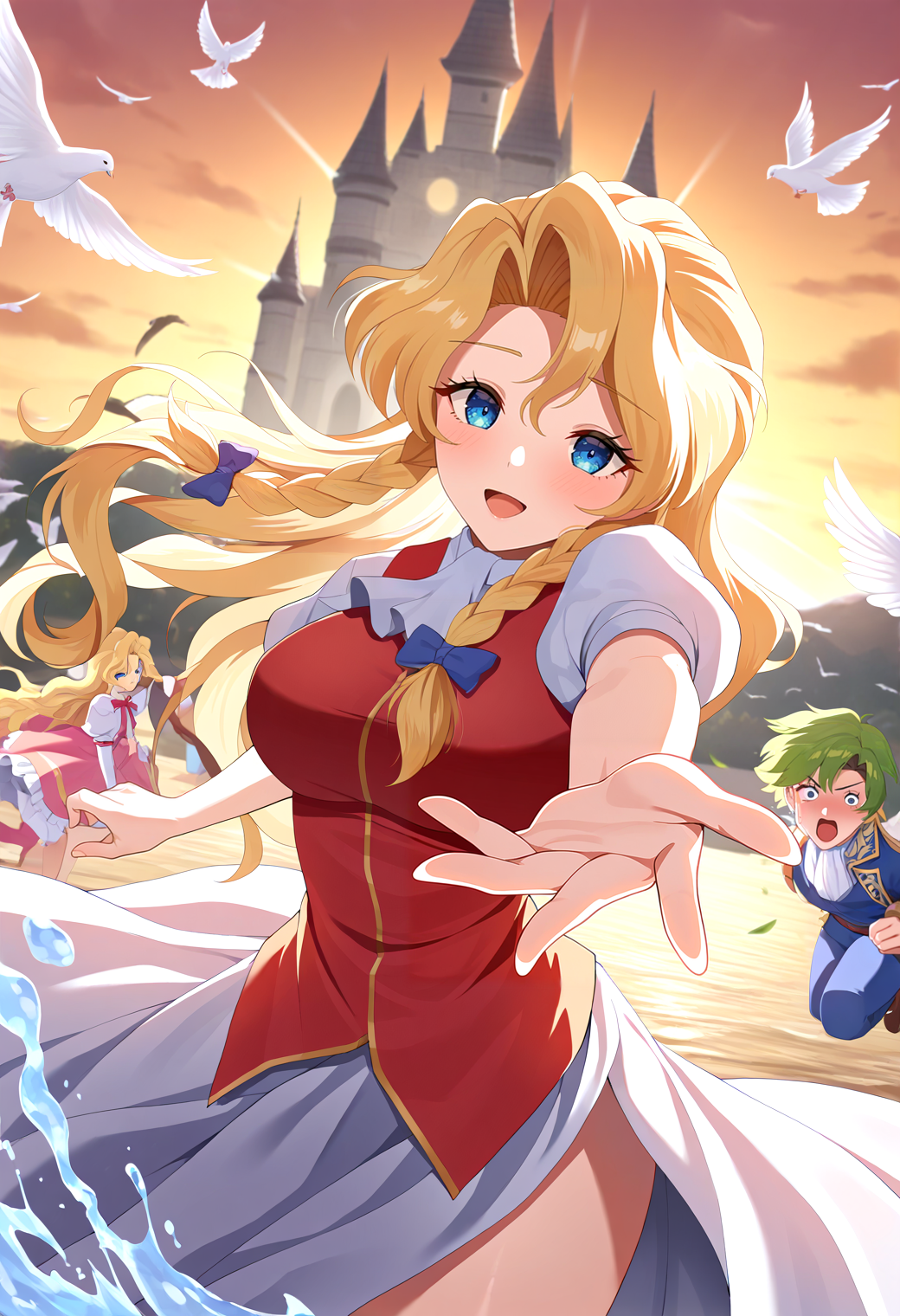 very awa, masterpiece, best quality, year 2024, newest, highres, absurdres, <lora:age_slider_v4:3> <lora:thicc_v1.4-pony:1.2>,detailed_background,outdoors,character request,splashing,open mouth,1boy,hair ornament,blush,green eyes,bird,mauve hair,castlevania: rondo of blood,castlevania \(series\),style parody,braid,dove,multiple girls,rta-chan,green hair,brown hair,fish,maria renard,rta in japan,blue eyes,super castlevania iv,looking at viewer,blonde hair,sunasu-tamako,parody,long hair