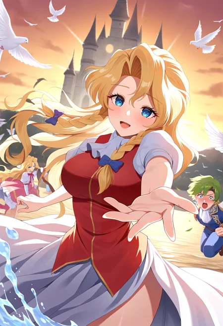 very awa, masterpiece, best quality, year 2024, newest, highres, absurdres, <lora:age_slider_v4:3> <lora:thicc_v1.4-pony:1.2>,detailed_background,outdoors,character request,splashing,open mouth,1boy,hair ornament,blush,green eyes,bird,mauve hair,castlevania: rondo of blood,castlevania \(series\),style parody,braid,dove,multiple girls,rta-chan,green hair,brown hair,fish,maria renard,rta in japan,blue eyes,super castlevania iv,looking at viewer,blonde hair,sunasu-tamako,parody,long hair