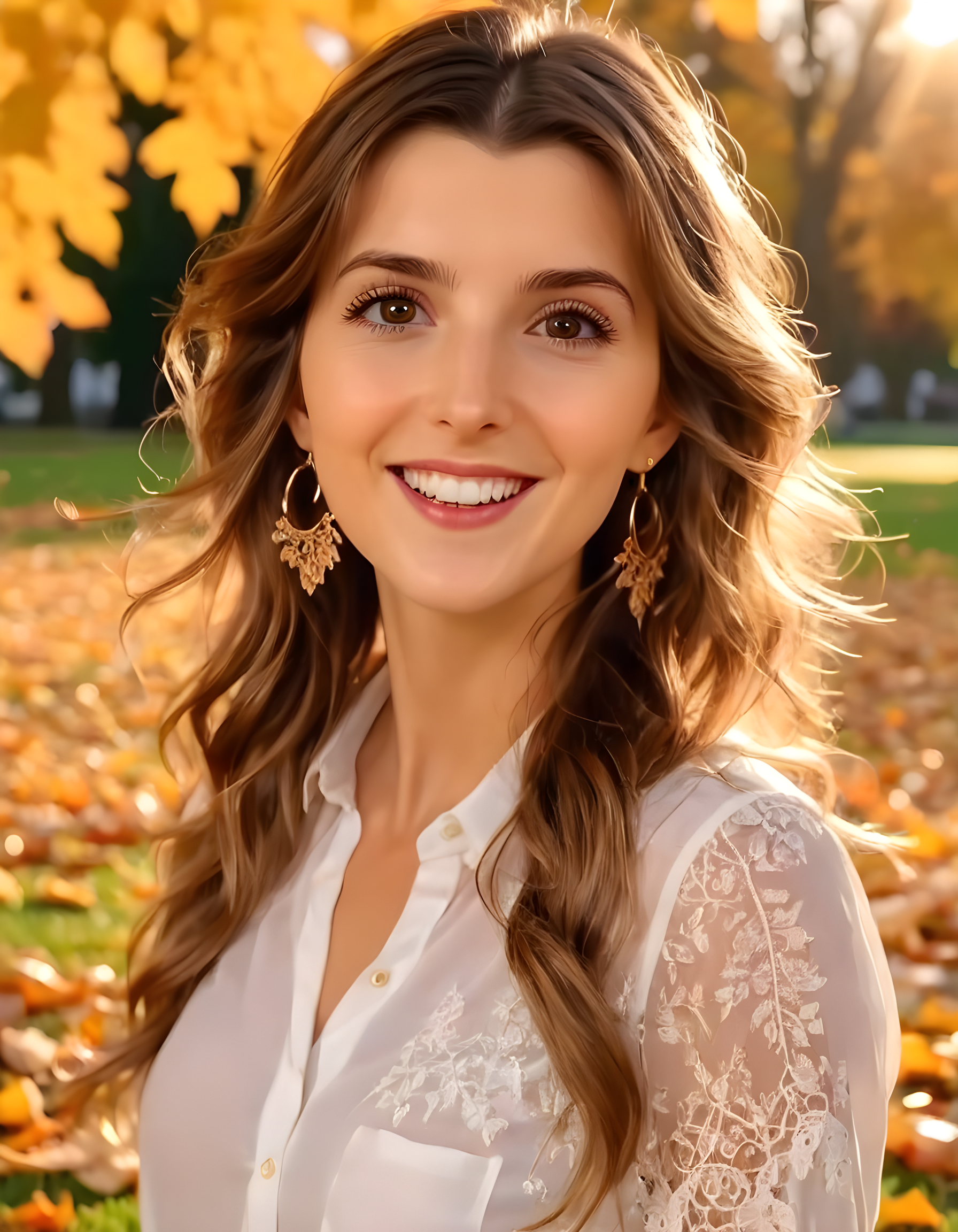 ameliagabs, In a tranquil, sun-kissed park at dusk, Ameliamgabs, a radiant woman with cascading brown hair, is captured in a close-up portrait. She wears an elegant white shirt adorned with intricate lace detailing, her warm brown eyes sparkling with intensity as they lock onto the viewer. Her delicate gold hoop earrings glimmer subtly, and she flashes a captivating smile that reveals perfectly straight, pearly-white teeth. The background softly blurs to reveal a vibrant array of autumn leaves scattered across the grass, creating an enchanting contrast against her crisp, pristine attire.