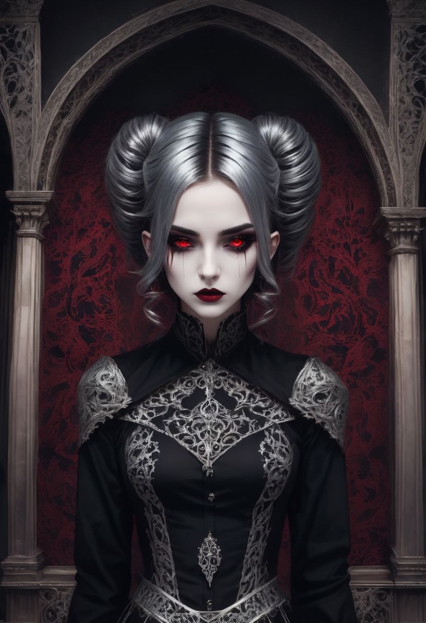 Gothic style Gothic style beautiful woman, solo, full body <lora:xl_mega_twin_drills-1.0:0.8> . Dark, mysterious, haunting, dramatic, ornate, detailed . Dark, mysterious, haunting, dramatic, ornate, detailed, silver hair, red eyes, piercing, dark makeup
